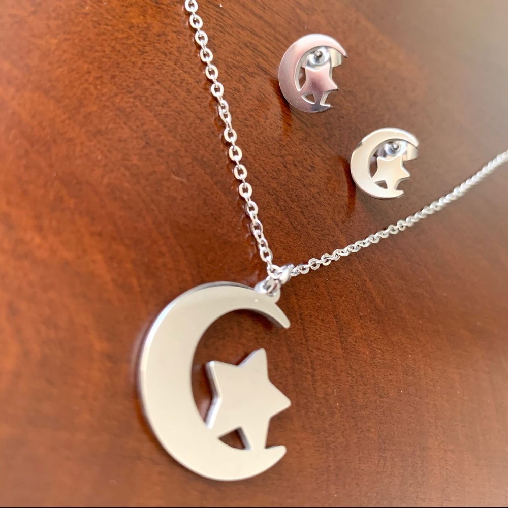 crescent moon star pendant earrings set